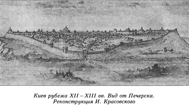 Киев рубежа XII — XIII вв. Вид от Печерска. Реконструкция И. Красовского